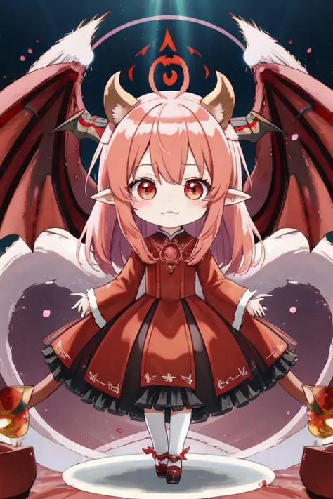 (Earth-QualityPos, Best_QualityPos,  CelShade), (chibi, super deformed, huge head, kawaii:1.3), (full body, wide shot), (demonic squirrel princess) wearing cute (evil gown:1.3) with (glossy transparent wide sleeves:1), soft lighting, (lots of frills and bows:1), (cute little fang, simplified hands:1), (pointy fluffy ears, one fluffy squirrel tail, tail color matching hair, big demon horns, big demon wings, slit pupils:1.4),