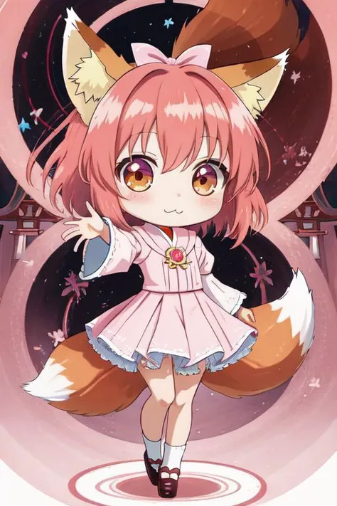 (Earth-QualityPos, Best_QualityPos, CelShade), (chibi, super deformed, huge head, kawaii:1.5), (full body, wide shot), (cute fox princess) wearing pastel (ruffled:1) (gleaming:1) gown with (glossy transparent bishop sleeves:1.3), soft lighting, (lots of frills and bows:1), (cute little fang:1), (fox ears, one fluffy fox tail, tail color matching hair:1.4), (red moon background, torii gates),