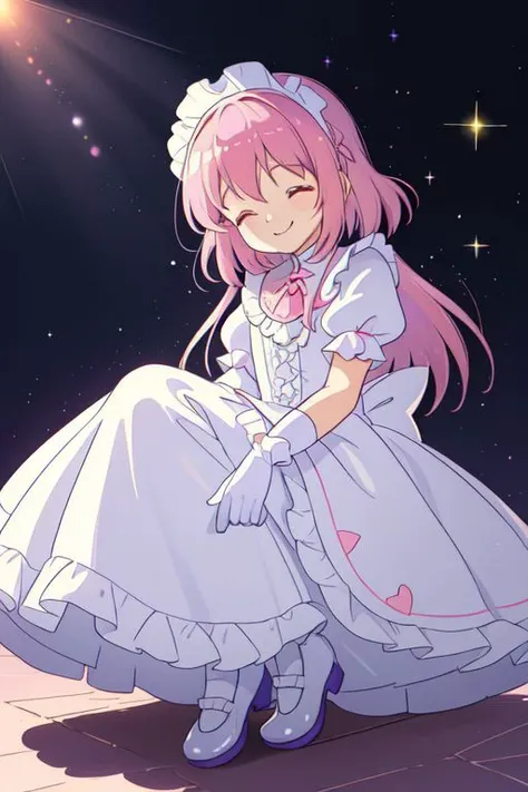 Earth-QualityPos, Best_QualityPos, CelShade, kawaii, cute, cute french maid, pastel (ruffled:1) (glossy:1) dress, lace maid gloves, (shiny glossy translucent clothing:1.1), soft lighting, (Mary Janes shoes:1), ruffles, (bobby socks:1), (big happy smile with closed eyes), (curtsy:1.1), (inside lavished mansion, detailed background:1), (sparkling hair, sparkling clothes, sparkling face),