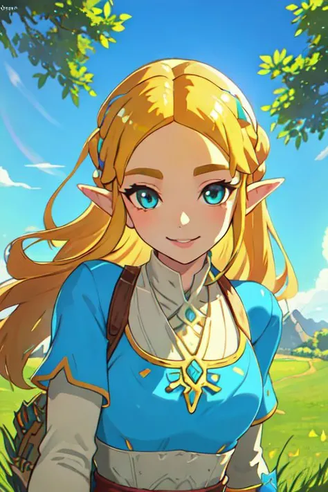 Zelda,botw style,cute,smiling,detailed eyes,beautiful sky,grass background,shiny sun,masterpiece,looking at viewer,beautiful face