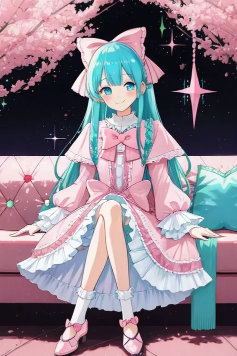 Earth-QualityPos, Best_QualityPos, CelShade, (kawaii, cute, lolitafashion:1), (cyan magical girl, long hair:1.2), (pastel frilly lolitafashion dress:1.2), (lace gloves, multilayered dress:1), (shiny glossy clothing:1.1), soft lighting, (cute shoes, lolitafashion shoes, shoes focus:1.2), (many frills, many big bows, lace:1.3), (bobby socks:1), (happy smile:1), (sitting on pink sofa:1.3), (sparkling hair, sparkling clothes, sparkling eyes:1.1),