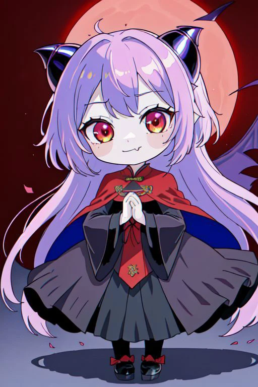 (Earth-QualityPos, Best_QualityPos, CelShade), (chibi, super deformed, huge head, kawaii:1.2), evil corrupted princess wearing dark pastel (ruffled:1) (gleaming:1) gown with (full body latex vampire cape:1) and (shiny transparent sleeves:1.2), soft lighting, (lots of frills and bows:1), (cute little fang, skin fang, simplified hands, :D:1), (vmpr:1), (red eyes, glowing eyes, pale blue skin, jiangshi, evil smile:1.2), (lots of frills, lace and bows:1), (red moon background:1.3),