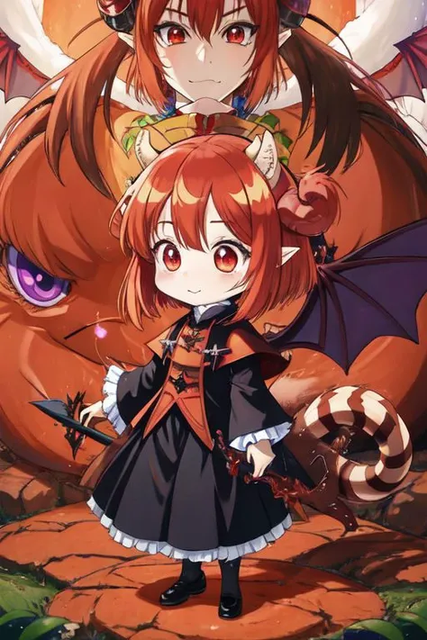 (Earth-QualityPos, Best_QualityPos, CelShade), (chibi, super deformed, huge head, kawaii:1.3), (full body, wide shot), (demonic squirrel princess) wearing cute (evil gown:1.3) with (glossy transparent wide sleeves:1), soft lighting, (lots of frills and bows:1), (cute little fang, simplified hands:1), (fluffy squirrel ears, one fluffy squirrel tail, tail color matching hair, (huge demon horns), big demon wings, slit pupils:1.4),