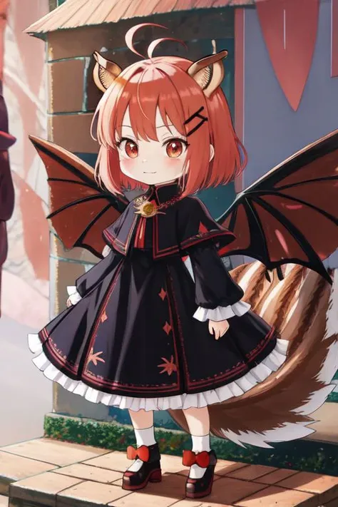 (Earth-QualityPos, Best_QualityPos,  CelShade), (chibi, super deformed, huge head, kawaii:1.3), (full body, wide shot), (demonic squirrel princess) wearing cute (evil gown:1.3) with (glossy transparent wide sleeves:1), soft lighting, (lots of frills and bows:1), (cute little fang, simplified hands:1), (squirrel ears, one fluffy squirrel tail, tail color matching hair, big demon horns, big demon wings, slit pupils, rawr:1.4),