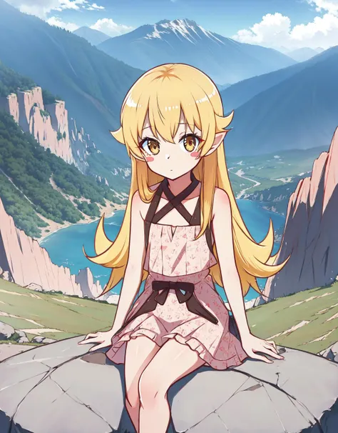 (best quality), highres, <lora:add_detail:-0.5> <lora:loraOshinoShinobu-v1:0.6> blush_stickers, blonde_hair, long_hair, oshino_shinobu, pointy ears, flat chest, rock, sitting, mountain