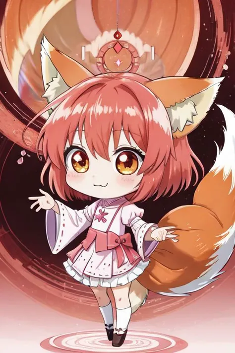(Earth-QualityPos, Best_QualityPos, CelShade), (chibi, super deformed, huge head, kawaii:1.5), (full body, wide shot), (cute fox princess) wearing pastel (ruffled:1) (gleaming:1) gown with (glossy transparent bishop sleeves:1.3), soft lighting, (lots of frills and bows:1), (cute little fang:1), (fox ears, one fluffy fox tail, tail color matching hair:1.4), (red moon background, torii gates),