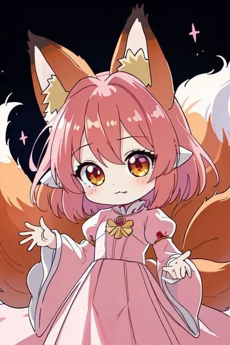 (Earth-QualityPos, Best_QualityPos,  CelShade), (chibi, super deformed, huge head, kawaii:1.5), (cute fox princess) wearing dark pastel (ruffled:1) (gleaming oily latex:1) gown with (glossy transparent bishop sleeves:1.3), soft lighting, (lots of frills and bows:1), (cute little fang:1), (fox ears, one fluffy fox tail, tail color matching hair:1.4), (red moon background, torii gates),