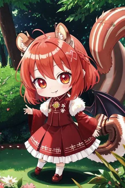 (Earth-QualityPos, Best_QualityPos, CelShade), (chibi, super deformed, huge head, kawaii:1.5), (full body, wide shot), (demonic squirrel princess) wearing cute gown with (glossy transparent bishop sleeves:1.3), soft lighting, (lots of frills and bows:1), (cute little fang, simplified hands:1), (squirrel ears, one fluffy squirrel tail, tail color matching hair, demon horns, demon wings, slit pupils:1.4),