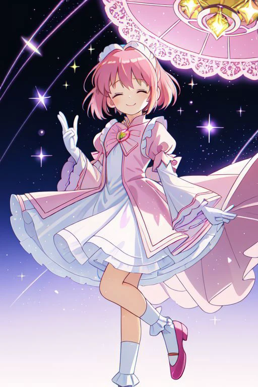 Earth-QualityPos, Best_QualityPos, CelShade, kawaii, cute, (Carcaptor Sakura:1.1), pastel (ruffled:1) (glossy:1) maid dress, lace maid gloves, (shiny glossy translucent clothing:1.1), soft lighting, (Mary Janes shoes:1), ruffles, (bobby socks:1), (big happy smile with closed eyes), (curtsy:1.1), (inside lavished mansion, detailed background:1), (sparkling hair, sparkling clothes, sparkling face),