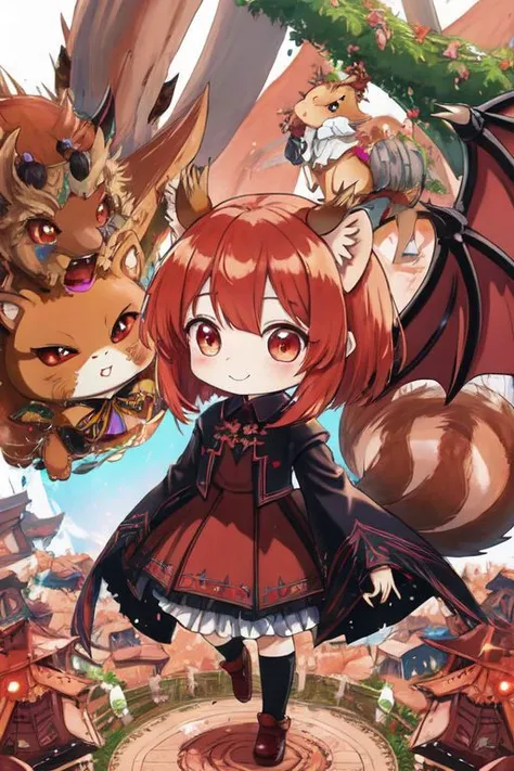 (Earth-QualityPos, Best_QualityPos, CelShade), (chibi, super deformed, huge head, kawaii:1.3), (full body, wide shot), (demonic squirrel princess) wearing cute (evil gown:1.3) with (glossy transparent wide sleeves:1), soft lighting, (lots of frills and bows:1), (cute little fang, simplified hands:1), (fluffy squirrel ears, one fluffy squirrel tail, tail color matching hair, huge demon horns, big demon wings, slit pupils:1.4),