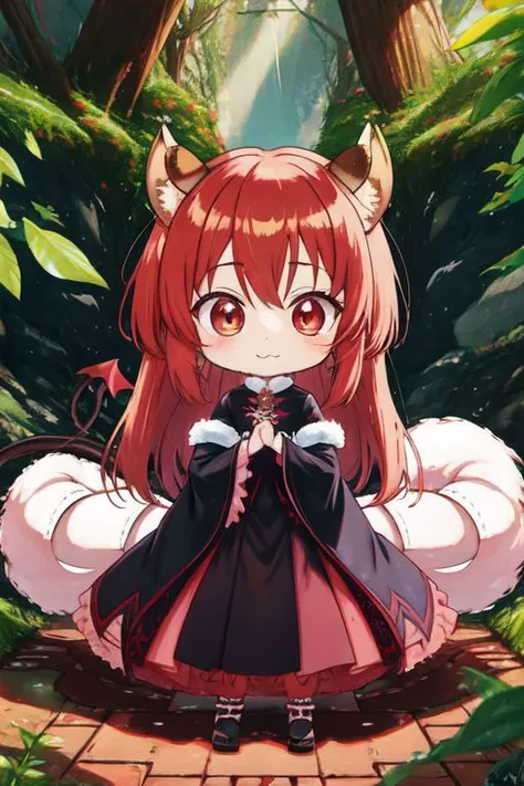 (Earth-QualityPos, Best_QualityPos, CelShade), (chibi, super deformed, huge head, kawaii:1.3), (full body, wide shot), (demonic squirrel princess) wearing cute (evil gown:1.3) with (glossy transparent wide sleeves:1), soft lighting, (lots of frills and bows:1), (cute little fang, simplified hands:1), (fluffy squirrel ears, one fluffy squirrel tail, tail color matching hair, huge demon horns, big demon wings, slit pupils:1.4),