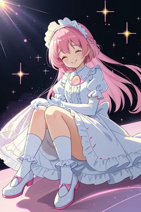 Earth-QualityPos, Best_QualityPos, CelShade, kawaii, cute, cute french maid, pastel (ruffled:1) (glossy:1) dress, lace maid gloves, (shiny glossy translucent clothing:1.1), soft lighting, (Mary Janes shoes:1), ruffles, (bobby socks:1), (big happy smile with closed eyes), (curtsy:1.1), (inside lavished mansion, detailed background:1), (sparkling hair, sparkling clothes, sparkling face),
