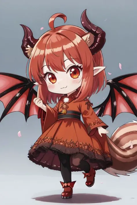 (Earth-QualityPos, Best_QualityPos, CelShade), (chibi, super deformed, huge head, kawaii:1.3), (full body, wide shot), (demonic squirrel princess) wearing cute (evil gown:1.3) with (glossy transparent wide sleeves:1), soft lighting, (lots of frills and bows:1), (cute little fang, simplified hands:1), (pointy fluffy ears, one fluffy squirrel tail, tail color matching hair, big demon horns, big demon wings, slit pupils:1.4),