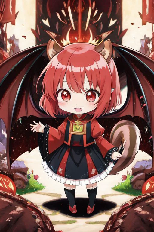 (Earth-QualityPos, Best_QualityPos, CelShade), (chibi, super deformed, huge head, kawaii:1.5), (full body, wide shot), (demonic squirrel princess) wearing cute (evil gown:1) with (glossy transparent bishop sleeves:1.3), soft lighting, (lots of frills and bows:1), (cute little fang, simplified hands:1), (squirrel ears, one fluffy squirrel tail, tail color matching hair, demon horns, demon wings, slit pupils, rawr:1.4),
