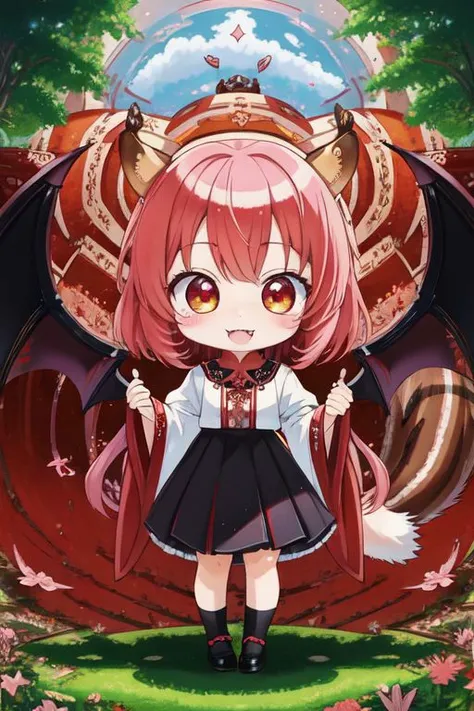 (Earth-QualityPos, Best_QualityPos, CelShade), (chibi, super deformed, huge head, kawaii:1.5), (full body, wide shot), (demonic squirrel princess) wearing cute (evil gown:1) with (glossy transparent bishop sleeves:1.3), soft lighting, (lots of frills and bows:1), (cute little fang, simplified hands:1), (squirrel ears, one fluffy squirrel tail, tail color matching hair, big demon horns, big demon wings, slit pupils, rawr:1.4),