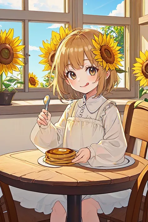 (masterpiece, best quality:1.4), 1girl, (toddler:1.2), round table, butter on pancakes, smiling, window, sun, sunflower, clear sky, milk bottle, baby clothes, spoon