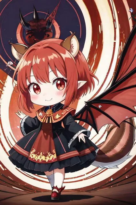 (Earth-QualityPos, Best_QualityPos, CelShade), (chibi, super deformed, huge head, kawaii:1.3), (full body, wide shot), (demonic squirrel princess) wearing cute (evil gown:1.3) with (glossy transparent wide sleeves:1), soft lighting, (lots of frills and bows:1), (cute little fang, simplified hands:1), (squirrel ears, one fluffy squirrel tail, tail color matching hair, big demon horns, big demon wings, slit pupils:1.4),