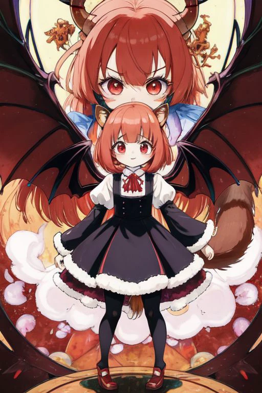 (Earth-QualityPos, Best_QualityPos, CelShade), (chibi, super deformed, huge head, kawaii:1.3), (full body, wide shot), (demonic squirrel princess) wearing cute (evil gown:1.3) with (glossy transparent wide sleeves:1), soft lighting, (lots of frills and bows:1), (cute little fang, simplified hands:1), (one fluffy squirrel tail, tail color matching hair, big demon horns, big demon wings, slit pupils:1.4),