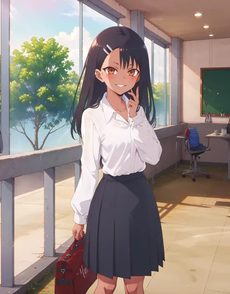 (best quality), highres, <lora:add_detail:-0.5> <lora:Nagatoro_Hayase-09:0.6> nagatoro hayase, hair ornament, brown eyes, hairclip , dark skin, black hair, evil smile, school uniform, pleated skirt,