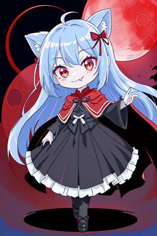 (Earth-QualityPos, Best_QualityPos, CelShade), (chibi, super deformed, huge head, kawaii:1.2), evil corrupted princess wearing dark pastel (ruffled:1) (gleaming:1) gown with (full body latex vampire cape:1) and (shiny transparent sleeves:1.2), soft lighting, (lots of frills and bows:1), (cute little fang, skin fang, simplified hands, :D:1), (vmpr:1), (red eyes, glowing eyes, pale blue skin, jiangshi, evil smile:1.2), (lots of frills, lace and bows:1), (red moon background:1.3),