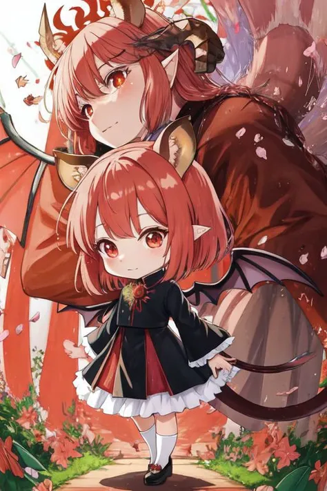 (Earth-QualityPos, Best_QualityPos, CelShade), (chibi, super deformed, huge head, kawaii:1.3), (full body, wide shot), (demonic squirrel princess) wearing cute (evil gown:1.3) with (glossy transparent wide sleeves:1), soft lighting, (lots of frills and bows:1), (cute little fang, simplified hands:1), (squirrel ears, one fluffy squirrel tail, tail color matching hair, big demon horns, big demon wings, slit pupils:1.4),