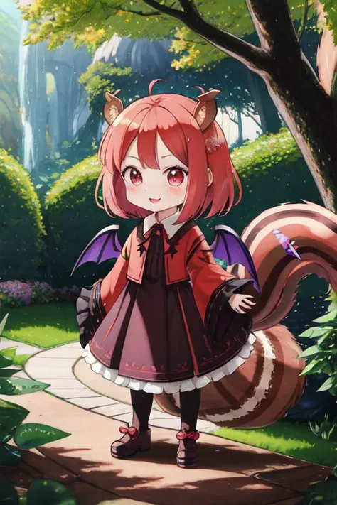 (Earth-QualityPos, Best_QualityPos, CelShade), (chibi, super deformed, huge head, kawaii:1.3), (full body, wide shot), (demonic squirrel princess) wearing cute (evil gown:1.3) with (glossy transparent wide sleeves:1), soft lighting, (lots of frills and bows:1), (cute little fang, simplified hands:1), (squirrel ears, one fluffy squirrel tail, tail color matching hair, forehead demon horn, big demon wings, slit pupils:1.4),