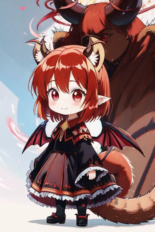 (Earth-QualityPos, Best_QualityPos, CelShade), (chibi, super deformed, huge head, kawaii:1.3), (full body, wide shot), (demonic squirrel princess) wearing cute (evil gown:1.3) with (glossy transparent wide sleeves:1), soft lighting, (lots of frills and bows:1), (cute little fang, simplified hands:1), (fluffy squirrel ears, one fluffy squirrel tail, tail color matching hair, (huge demon horns), big demon wings, slit pupils:1.4),