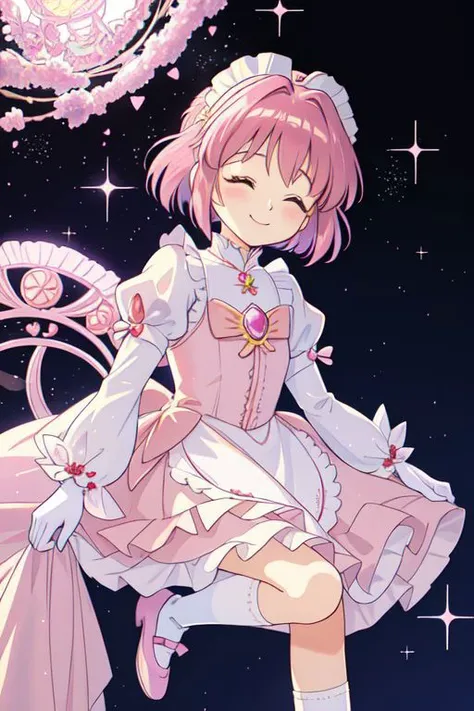 Earth-QualityPos, Best_QualityPos, CelShade, kawaii, cute, (Carcaptor Sakura:1.1), pastel (ruffled:1) (glossy:1) maid dress, lace maid gloves, (shiny glossy translucent clothing:1.1), soft lighting, (Mary Janes shoes:1), ruffles, (bobby socks:1), (big happy smile with closed eyes), (curtsy:1.1), (inside lavished mansion, detailed background:1), (sparkling hair, sparkling clothes, sparkling face),