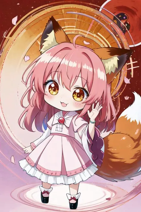 (Earth-QualityPos, Best_QualityPos,  CelShade), (chibi, super deformed, huge head, kawaii:1.5), (full body, wide shot), (cute fox princess) wearing pastel (ruffled:1) (gleaming:1) gown with (glossy transparent bishop sleeves:1.3), soft lighting, (lots of frills and bows:1), (cute little fang:1), (fox ears, one fluffy fox tail, tail color matching hair:1.4), (red moon background, torii gates),