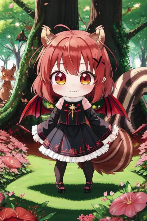 (Earth-QualityPos, Best_QualityPos,  CelShade), (chibi, super deformed, huge head, kawaii:1.5), (full body, wide shot), (demonic squirrel princess) wearing cute (evil gown:1) with (glossy transparent bishop sleeves:1.3), soft lighting, (lots of frills and bows:1), (cute little fang, simplified hands:1), (squirrel ears, one fluffy squirrel tail, tail color matching hair, demon horns, demon wings, slit pupils, rawr:1.4),