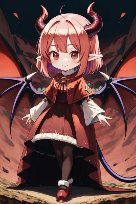 (Earth-QualityPos, Best_QualityPos, CelShade), (chibi, super deformed, huge head, kawaii:1.3), (full body, wide shot), (demonic squirrel princess) wearing cute (evil gown:1.3) with (glossy transparent wide sleeves:1), soft lighting, (lots of frills and bows:1), (cute little fang, simplified hands:1), (pointy ears, one fluffy squirrel tail, tail color matching hair, big demon horns, big demon wings, slit pupils:1.4),