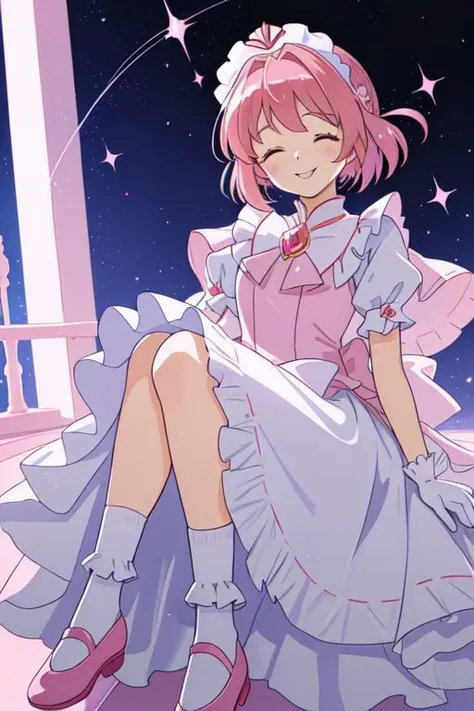 Earth-QualityPos, Best_QualityPos, CelShade, kawaii, cute, (Carcaptor Sakura:1.1), pastel (ruffled:1) (glossy:1) maid dress, lace maid gloves, (shiny glossy translucent clothing:1.1), soft lighting, (Mary Janes shoes:1), ruffles, (bobby socks:1), (big happy smile with closed eyes), (curtsy:1.1), (inside lavished mansion, detailed background:1), (sparkling hair, sparkling clothes, sparkling face),