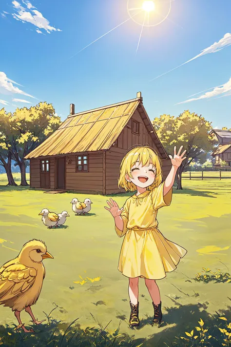 (masterpiece, best quality:1.4), 1girl, toddler, waving, laughing, Chicks, Pasture, Grasslands, sun, clear sky, wooden house, yellow clothes