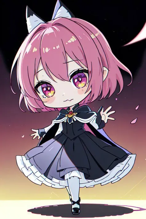 (Earth-QualityPos, Best_QualityPos,  CelShade), (chibi, super deformed, huge head, kawaii:1.2), evil corrupted princess wearing dark pastel (ruffled:1) (gleaming:1) gown with (full body latex vampire cape:1) and (shiny transparent sleeves:1.2), soft lighting, (lots of frills and bows:1), (cute little fang, skin fang, simplified hands:1), (vmpr:1), (red eyes, glowing eyes, pale blue skin, jiangshi, evil smile:1.2), (lots of frills, lace and bows:1), (red moon background:1.3),