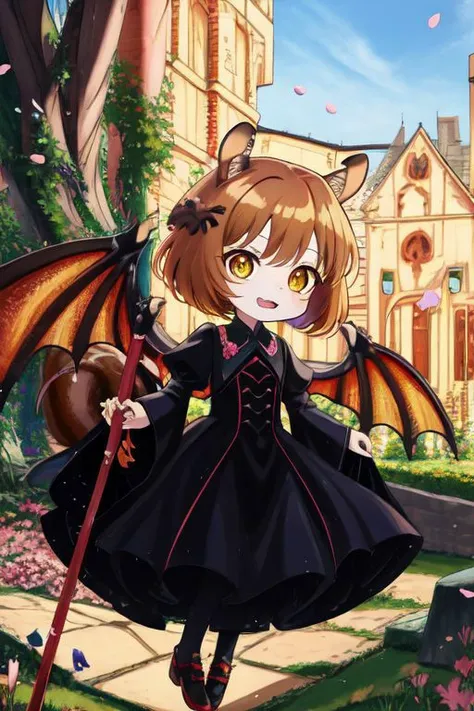 (Earth-QualityPos, Best_QualityPos, CelShade), (chibi, super deformed, huge head, kawaii:1.3), (full body, wide shot), (demonic squirrel princess) wearing cute (evil gown:1.3) with (glossy transparent wide sleeves:1), soft lighting, (lots of frills and bows:1), (cute little fang, simplified hands:1), (squirrel ears, one fluffy squirrel tail, tail color matching hair:1.4), (DemonicT, black sclera, colored sclera, yellow eyes, demon wings, demon horns, slit pupils:1.2),