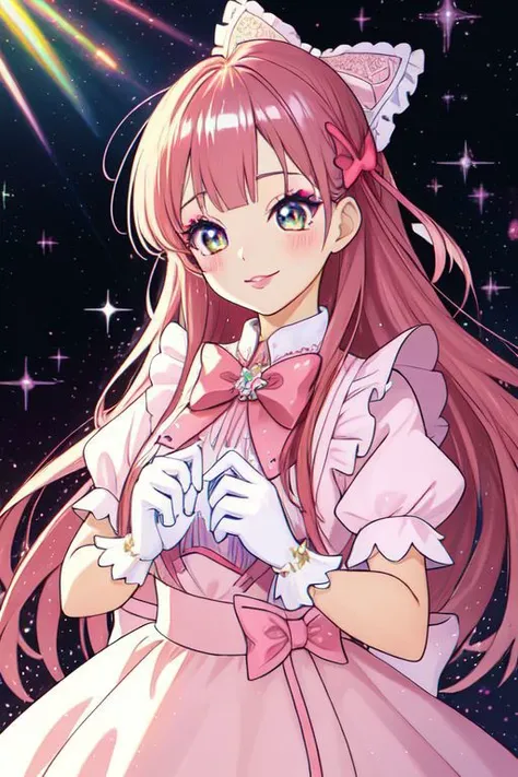 Earth-QualityPos, Best_QualityPos, CelShade, (kawaii, cute, lolitafashion:1), (cute girl, long hair:1.2), (multilayered idol cafe dress, apron covered in bows, chest bow, giant waist bow, huge hair bow, lace gloves:1.2), (shiny glossy clothing:1.1), soft lighting, (lace, frills and bows:1.2), (glossy lips, kawaii makeup:1.2), (happy smile:1), (idol cafe, cosplay cafe:1.2), (sparkling hair, sparkling clothes, sparkling eyes:1.1),