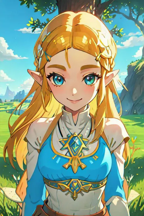 Zelda,botw style,cute,smiling,detailed eyes,beautiful sky,grass background,shiny sun,masterpiece,looking at viewer,beautiful face