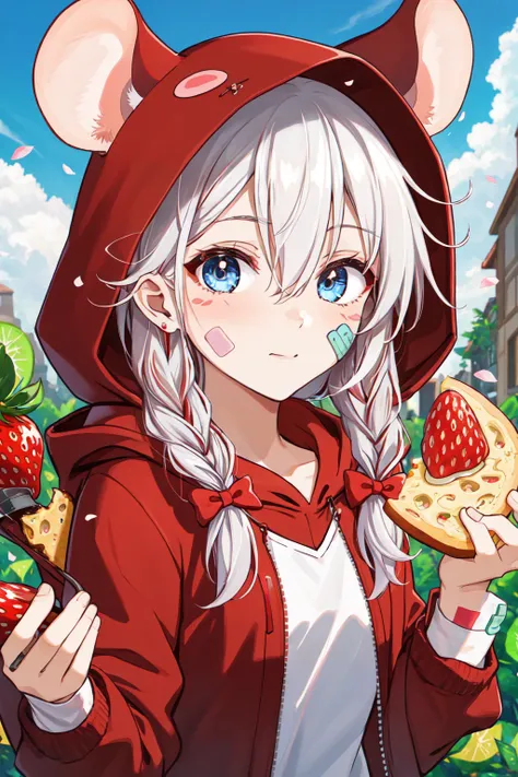 1girl, solo, long hair, looking at viewer, blue eyes, black hair, hair ornament, bow, animal ears, hair between eyes, jacket, braid, white hair, red hair, food, hood, twin braids, streaked hair, hoodie, fruit, bandaid, hooded jacket, hood up, multicolored eyes, strawberry, mouse ears, bandaid on face, cherry, bandaid on nose, mouse girl, cheese, sticker, outdoors