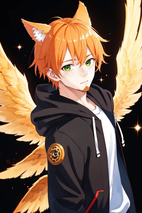 solo, looking at viewer, simple background, 1boy, animal ears, green eyes, jacket, male focus, wings, cat ears, hood, orange hair, hoodie, facial hair, black background, feathered wings, beard, freckles, kemonomimi mode, LimitBreakStyler