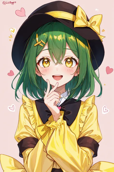 1girl, solo, long hair, looking at viewer, blush, smile, open mouth, simple background, shirt, long sleeves, hat, bow, hair between eyes, upper body, short sleeves, heart, frills, green hair, teeth, wide sleeves, medium hair, twitter username, symbol-shaped pupils, black headwear, upper teeth only, heart-shaped pupils, pink background, frilled sleeves, blouse, hat bow, third eye, yellow bow, yellow shirt, glass, heart of string, broken heart