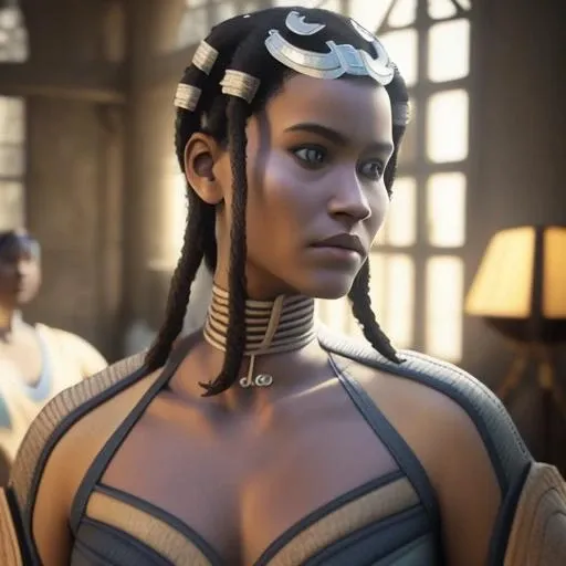 ,masterpiece, ofTanya, wearing a sliver headpiece , dreadlocks brown eyes, neckbrace, really dark skin, black girl, solo, sun, blue sky, best quality, realistic, photorealistic, (intricate details:1.2), (delicate detailed), (cinematic light), clear line, sharp focus, realistic face, fullbody, detailed face unity 8k wallpaper, ultra high res, (photorealistic:1.4), <lora:mk1_Tanya>