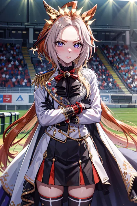 (masterpiece, best quality, ultra detailed), (perfect face, detailed face), (detailed background, complex background:1.2), full-face blush, serious, wind, windy, looking at viewers,
<lora:orfevre_lora:1> orfevre \(umamusume\), crown, jewelry, bowtie, jacket, epaulettes, long sleeves, black gloves, white gloves, red bow, black skirt, thighhighs, skirt, bow, (cowboy shot:1.5), tilt head, solo, crossed arms,
(outdoors, stadium, horse track, race track, (umamusume:1.2), crowd in stadium), official art,