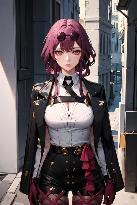 Anime - style woman in a short skirt and jacket standing on a city ...