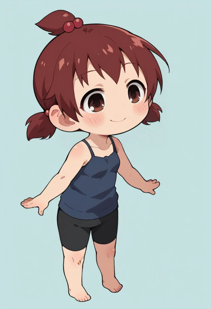 score_9, score_8_up, score_8, source_anime, 1girl, (solo), chibi, <lora:FutabaMarui:0.69> short hair, topknot, short twintails, dark red hair, red hair bobbles, hair ornament, brown eyes, camisole, blush, smile, full body, barefoot, bike shorts, 
simple background, light blue background