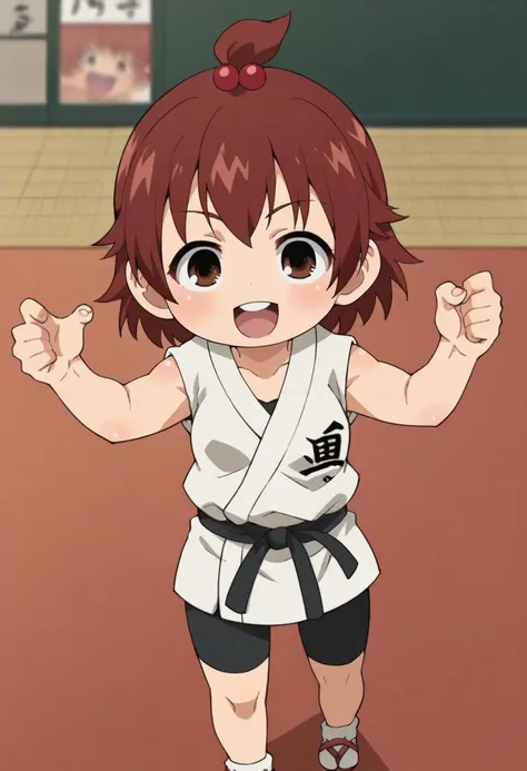 score_9, score_8_up, score_8, source_anime, 1girl, (solo), chibi, <lora:FutabaMarui:0.69> short hair, topknot, dark red hair, red hair bobbles, hair ornament, brown eyes, dougi, martial arts belt, bike shorts, martial arts pose, laugh, eyes wide open, view from above, looking at viewer,
dojo background, blurry background