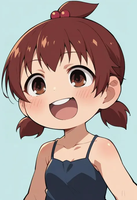 score_9, score_8_up, score_8, source_anime, 1girl, (solo), chibi, <lora:FutabaMarui:0.69> short hair, topknot, short twintails, dark red hair, red hair bobbles, hair ornament, brown eyes, camisole, blush, upper body, laugh, 
simple background, light blue background