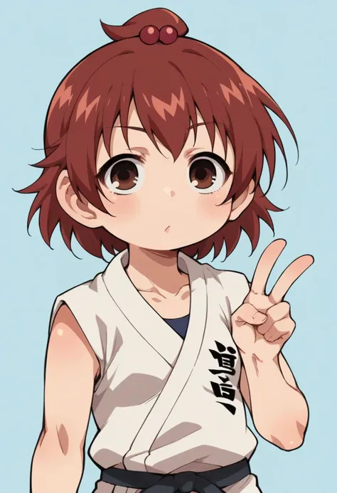 score_9, score_8_up, score_8, source_anime, 1girl, (solo), chibi, <lora:FutabaMarui:0.69> short hair, topknot, dark red hair, red hair bobbles, hair ornament, brown eyes, dougi, martial arts belt, upper body, v_v, eyes wide open, looking at viewer,
simple background, light blue background