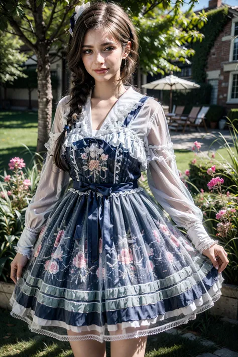 (realistic:1.3), finely detailed, quality, rembrandt lighting, (masterpiece:1.2), (photorealistic:1.2), (best quality), (detailed skin:1.3), (intricate details), dramatic, ray tracing, 1girl, french girl, 21 years old, detailed skin texture, (blush:0.5), (goosebumps:0.5), subsurface scattering, smiling, medium breasts, braided hair, blonde hair, bangs, hair between eyes, cyb dress, cowboy shot, (bright sunny day, coniferous trees, european garden, grassy lawn, sky), <lora:beautiful_dress_collection_vol1_style1:0.7>