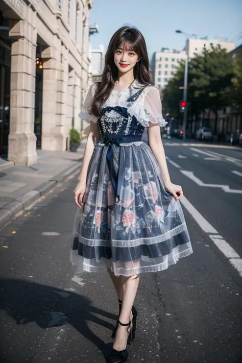 best quality, masterpiece, photorealistic, 1girl, solo, full body, standing, long black straight hair, blunt bangs, looking at viewer, smile, cyb dress, high heels, outdoors, people, shop, detailed background, <lora:beautiful_dress_collection_vol1_style1:0.7>