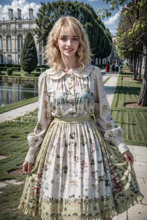 (realistic:1.3), finely detailed, quality, rembrandt lighting, (masterpiece:1.2), (photorealistic:1.2), (best quality), (detailed skin:1.3), (intricate details), dramatic, ray tracing, 1girl, french girl, 21 years old, detailed skin texture, (blush:0.5), (goosebumps:0.5), subsurface scattering, smiling, medium breasts, short hair curls, blonde hair, bangs, hair between eyes, cyb dress, long sleeves, long dress, floral print, cowboy shot, (bright sunny day, outdoors, palace of Versailles, trees, grass, lake, sky), <lora:beautiful_dress_collection_vol1_style2:0.8>